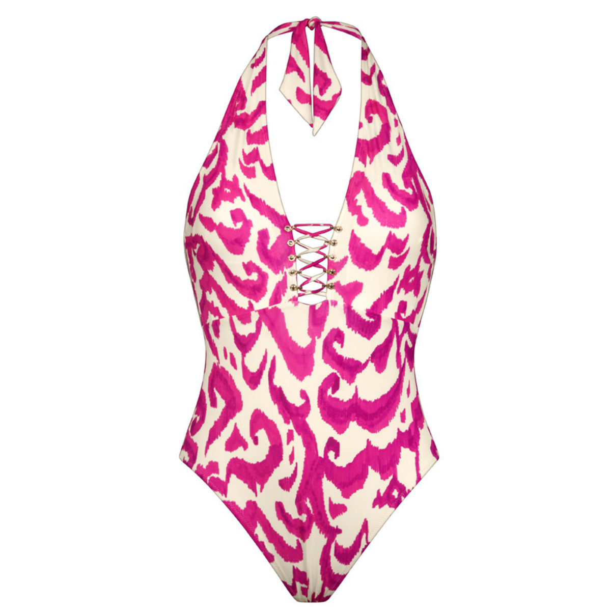 Pink and white patterned swimsuit on a white background