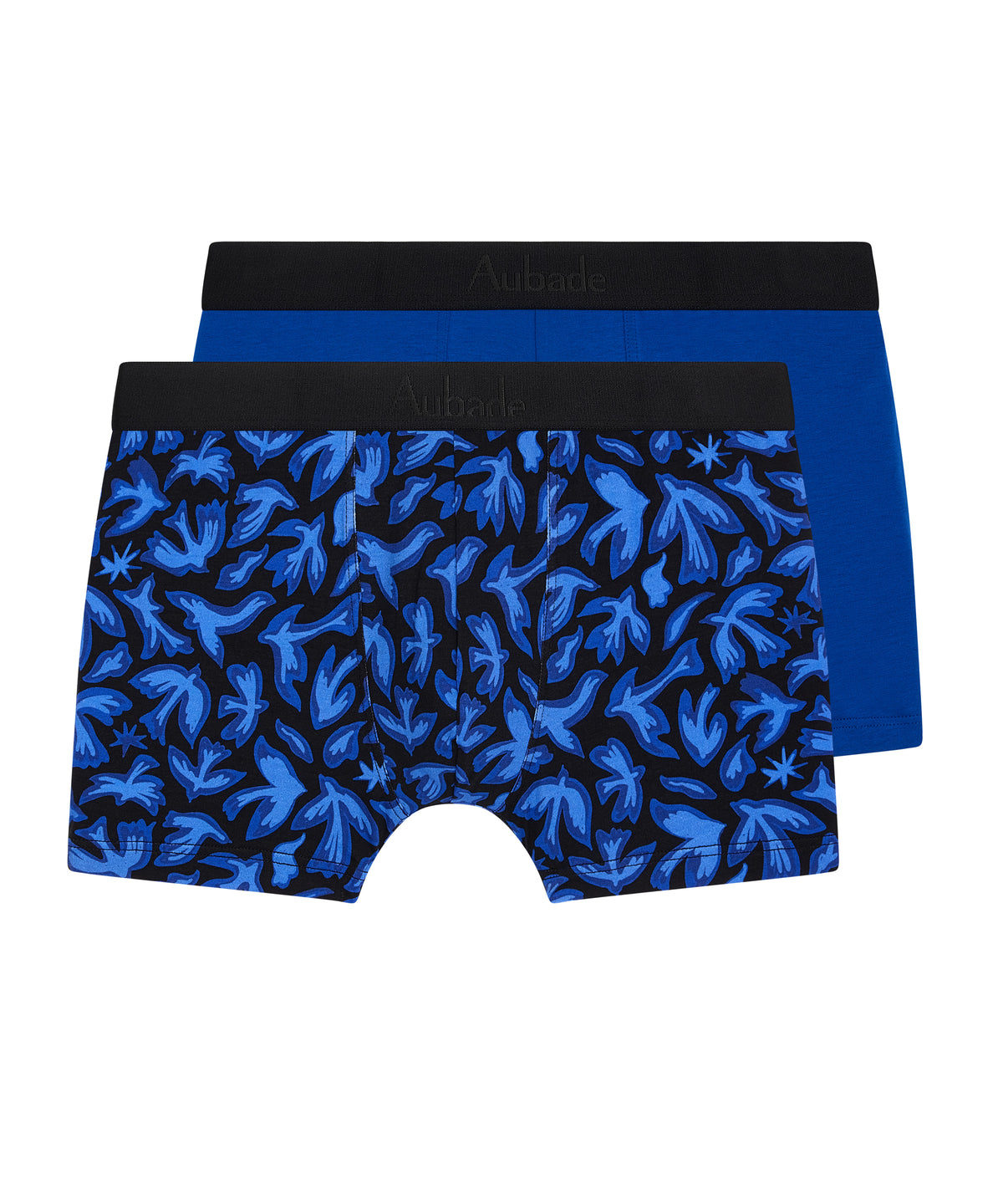 Two pairs of blue boxer briefs with black trim on a white background