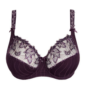 Purple bra with floral lace details on a white background