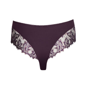 Purple underwear with lace trim on a white background