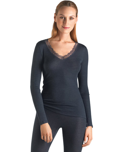Woollen Lace Long Sleeved V Neck Top Midnight Blue